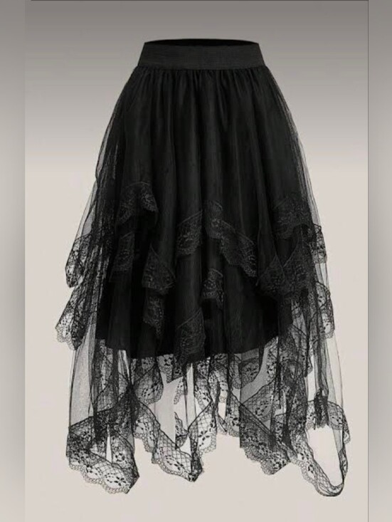 ROMWE Dresses & Skirts - GUC Women's black tiered lace asymmetrical skirt with an elastic waistband Goth